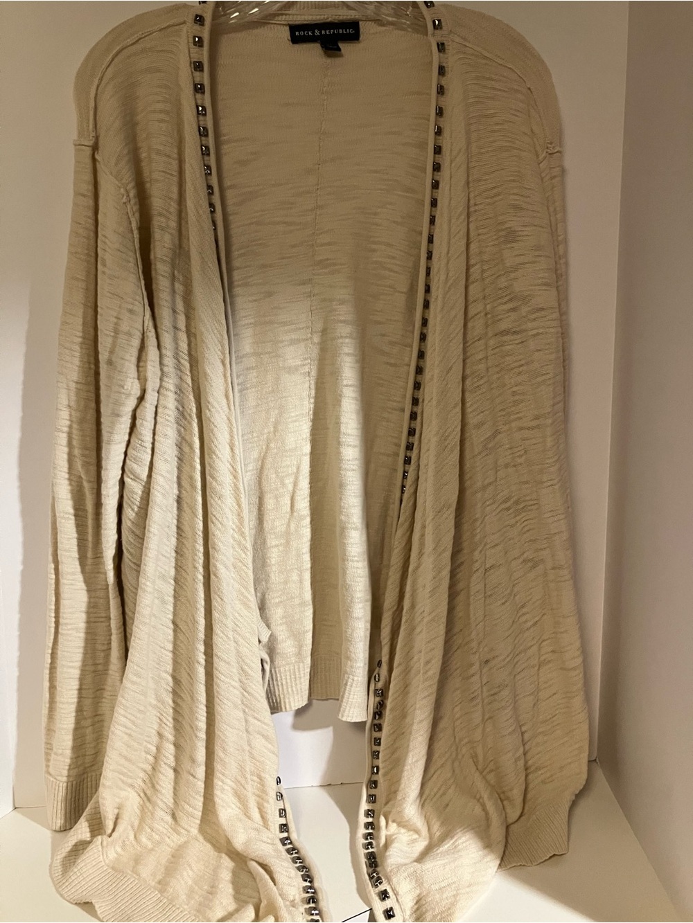 Rock & Republic Cream Open-Front Cardigan with Stud Trim